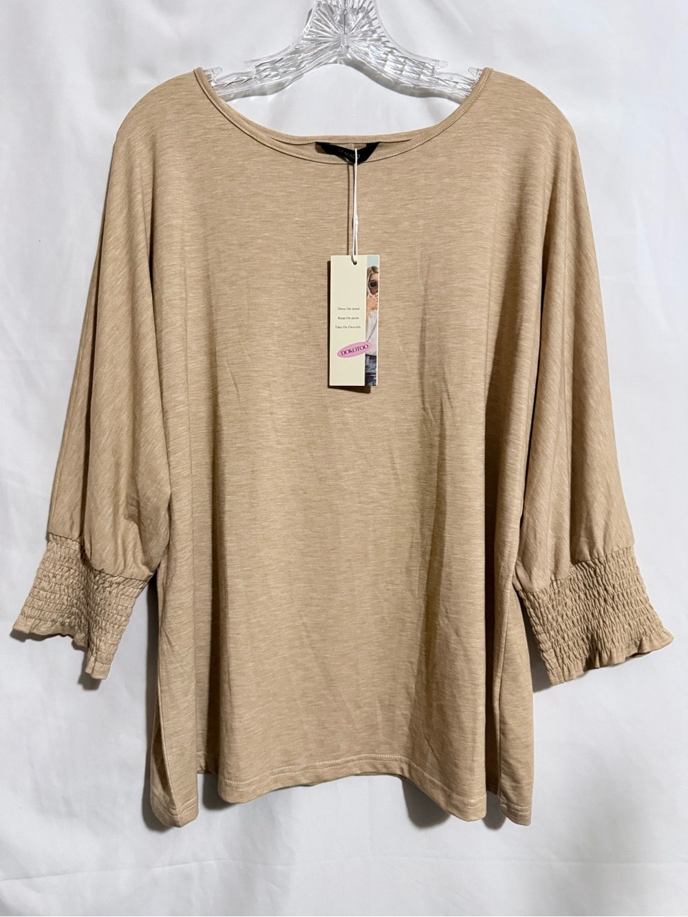 Dokotoo Women’s XL Beige Solid Knit Round Neck 3/4 Sleeve Smocked Pullover Top